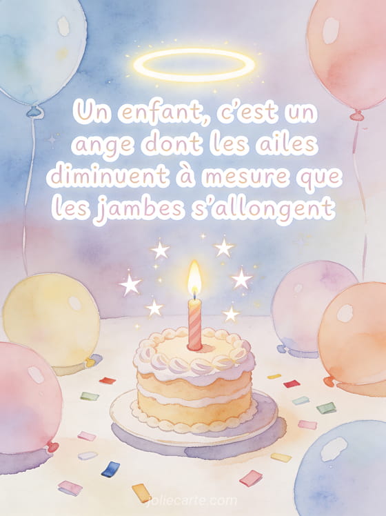 Petit gâteau d'anniversaire avec une bougie allumée entouré d'étoiles scintillantes, ballons pastels et confettis, illustration aquarelle douce