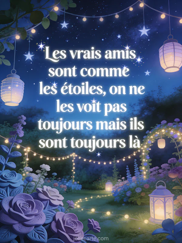 Ciel nocturne étoilé au-dessus d'un jardin fleuri illuminé par des guirlandes lumineuses et lanternes suspendues, texte blanc lumineux