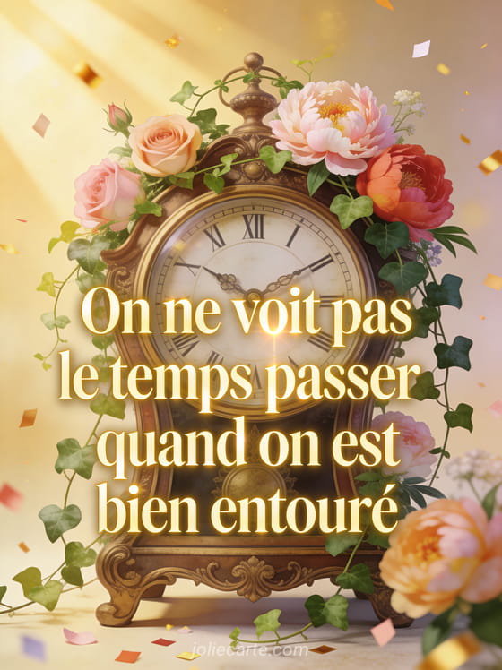 Horloge ancienne ornée de fleurs colorées, roses et pivoines, avec lierre grimpant, rayons de soleil dorés et confettis légers, texte doré classique
