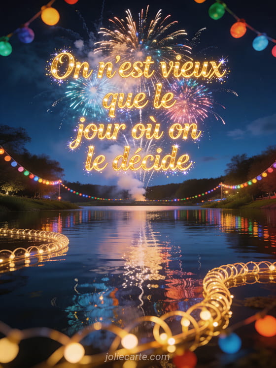 Feu d'artifice multicolore illuminant un ciel nocturne avec reflets dans un lac calme, guirlandes de lumières, texte doré lumineux scintillant