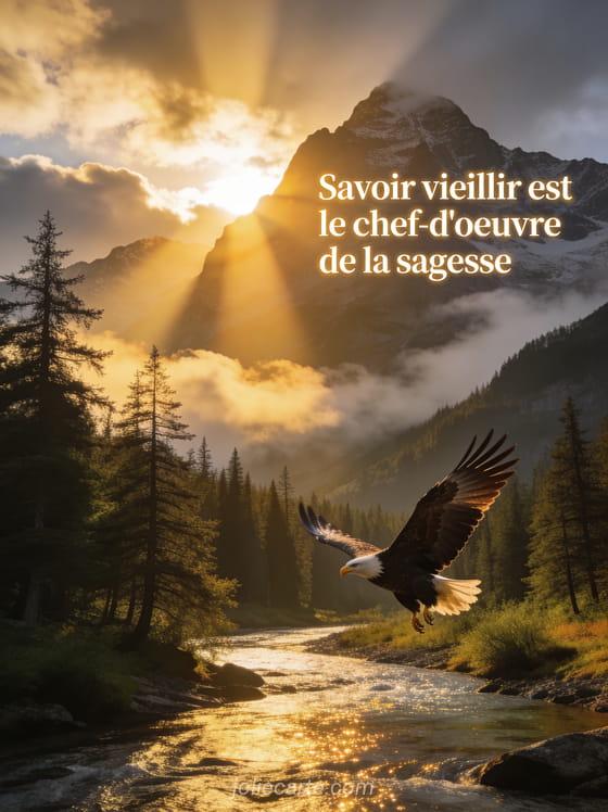 Paysage de montagne majestueux au lever du soleil avec rayons dorés, forêt de sapins, rivière scintillante et aigle en vol, texte blanc classique