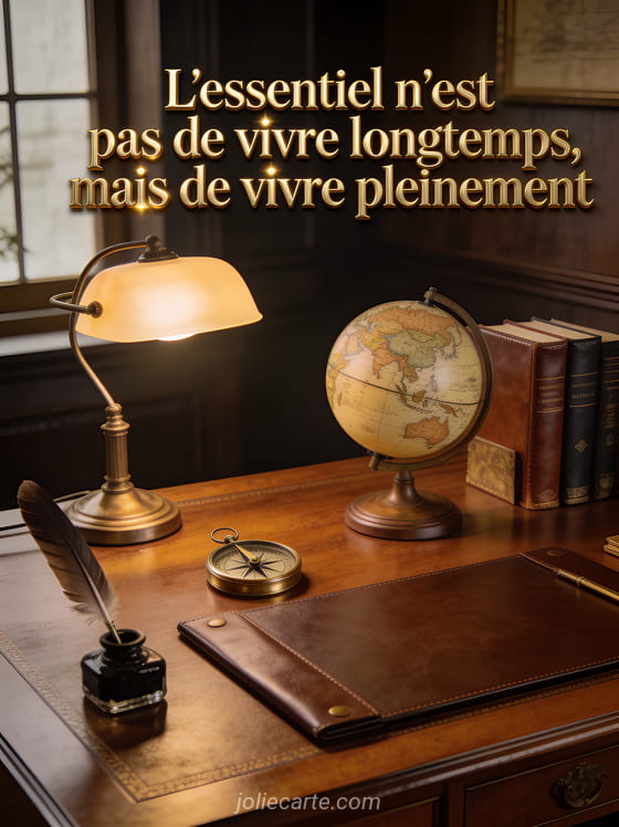 Bureau en bois noble avec globe terrestre ancien, boussole en laiton, livres reliés en cuir, plume et encrier, lumière chaude de lampe, texte doré classique