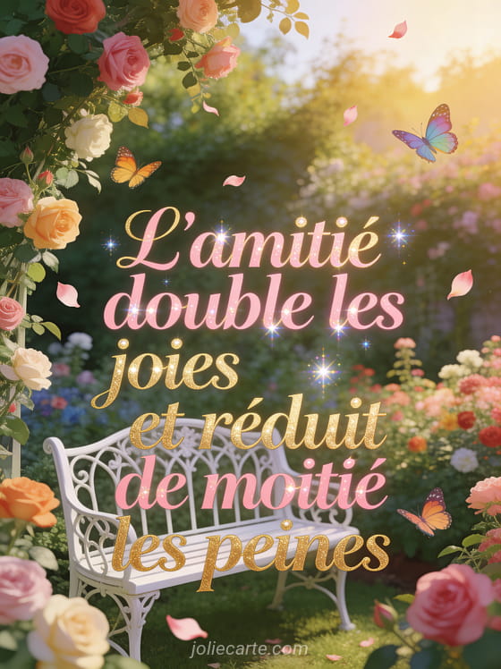 Jardin anglais luxuriant avec rosiers en fleurs multicolores, banc en fer forgé blanc, papillons colorés et pétales volant dans la brise dorée