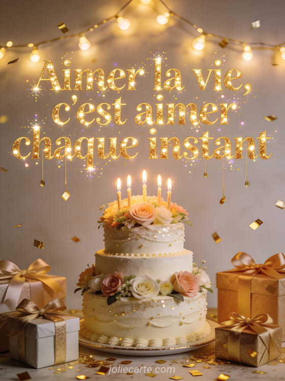 Gâteau d'anniversaire élégant à étages décoré de fleurs et bougies allumées, cadeaux avec rubans, confettis dorés et guirlandes lumineuses, texte doré