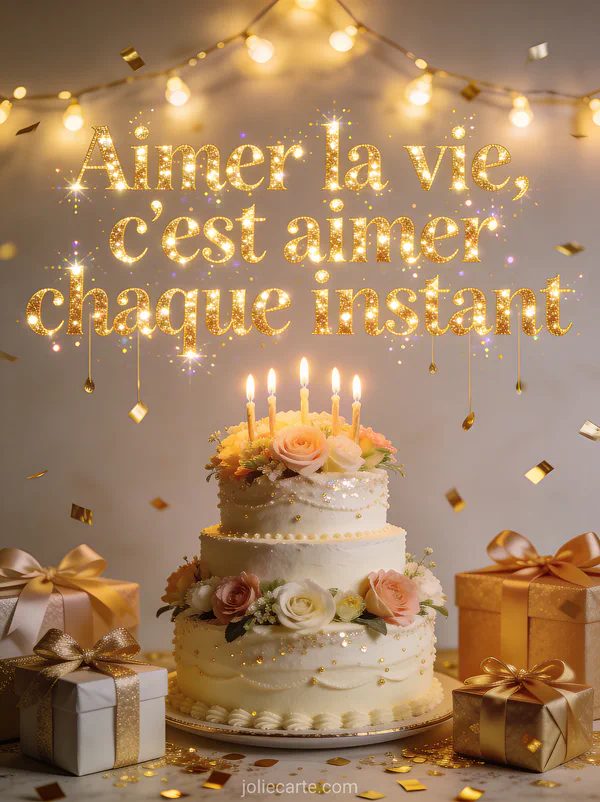 Gâteau d'anniversaire élégant à étages décoré de fleurs et bougies allumées, cadeaux avec rubans, confettis dorés et guirlandes lumineuses, texte doré