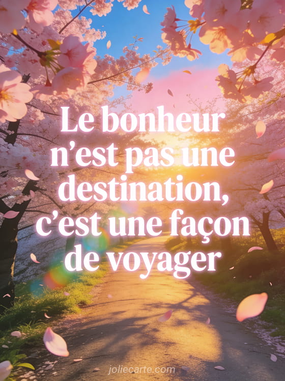 Chemin bordé de cerisiers en fleurs roses avec pétales dansant dans le vent, lumière dorée de golden hour, ciel bleu et rose, texte blanc lumineux