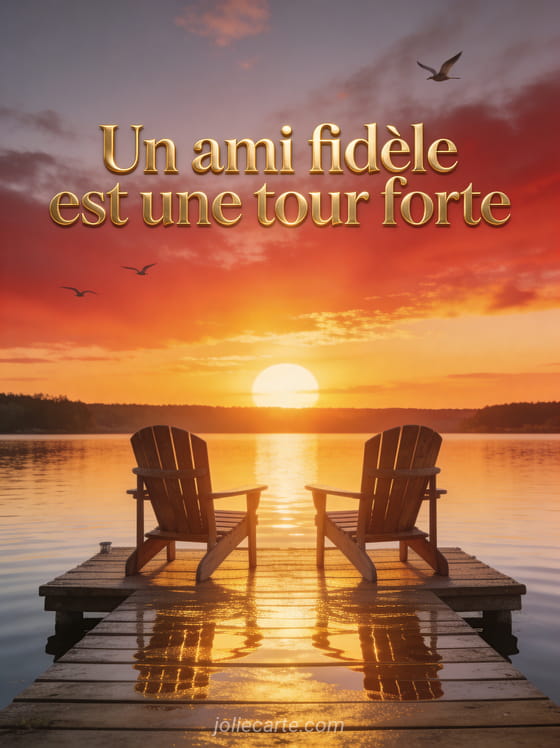 Deux chaises en bois face à un coucher de soleil spectaculaire sur un lac calme, petit quai en bois, reflets dorés dans l'eau et oiseaux en vol, texte doré