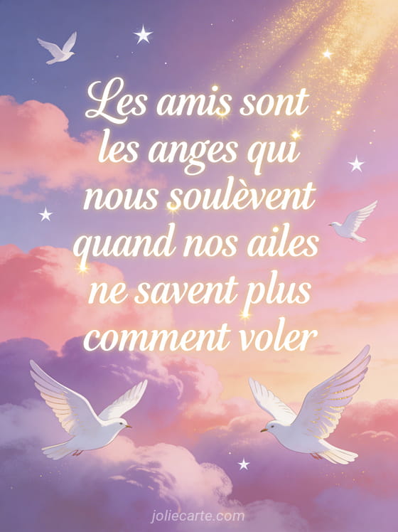 Ciel crépusculaire aux couleurs pastel roses et mauves avec oiseaux blancs en vol gracieux, étoiles naissantes et rayons de lumière dorée, texte blanc calligraphié