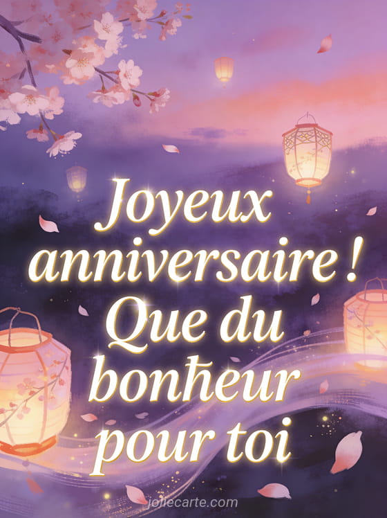Scène féérique avec lanternes flottantes dans un ciel crépusculaire violet et rose, pétales de cerisier et texte Joyeux anniversaire