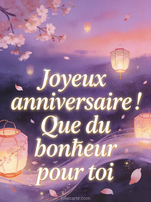 Scène féérique avec lanternes flottantes dans un ciel crépusculaire violet et rose, pétales de cerisier et texte Joyeux anniversaire