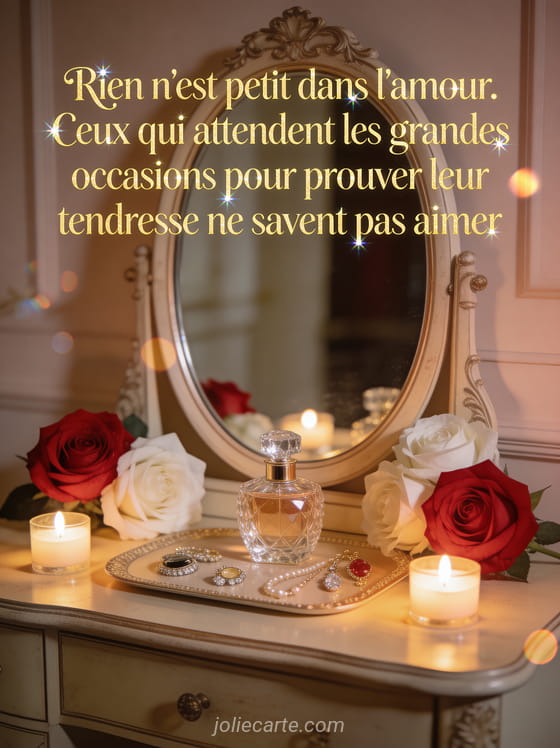 Coiffeuse vintage avec miroir ovale, bijoux, flacon de parfum en cristal et roses rouges et blanches, lumière douce de bougies, texte doré élégant