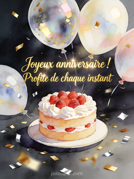 Gâteau décoré de crème et fruits rouges avec confettis dorés et ballons transparents irisés, texte Joyeux anniversaire