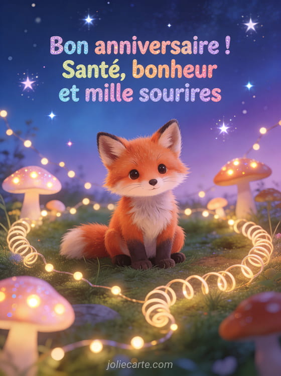 Adorable renard roux dans une clairière enchantée avec champignons lumineux et guirlandes, ciel étoilé, texte Bon anniversaire