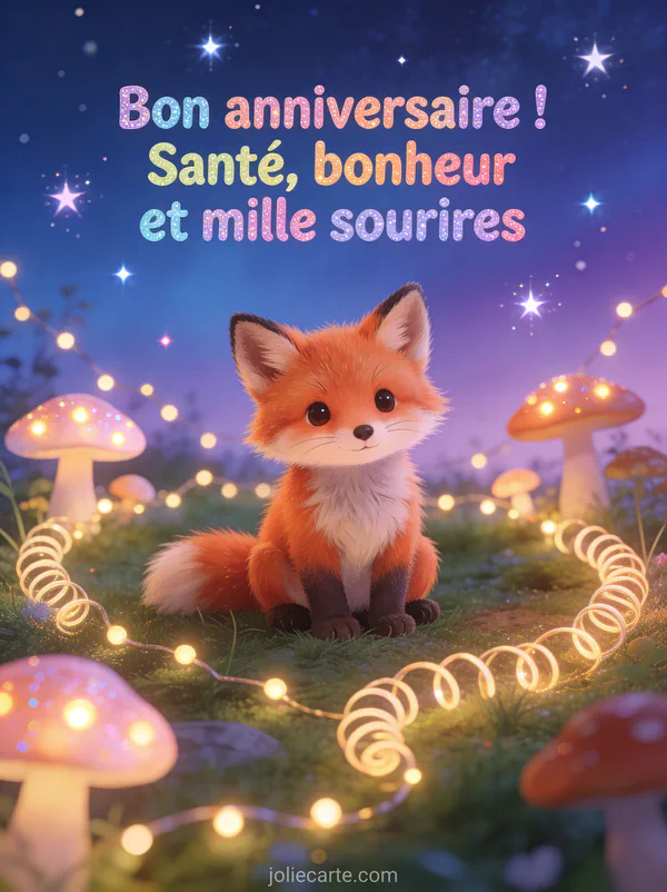 Adorable renard roux dans une clairière enchantée avec champignons lumineux et guirlandes, ciel étoilé, texte Bon anniversaire
