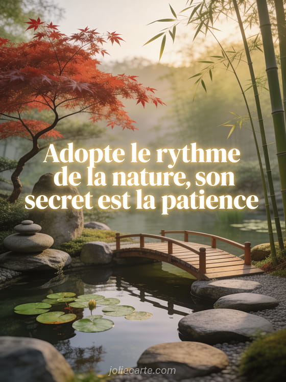 Jardin zen japonais avec pierres harmonieuses, érable rouge au bord d'un bassin d'eau calme, nénuphars, pont en bois et bambous, lumière douce tamisée, texte blanc