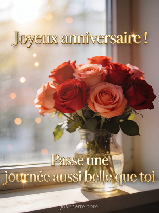 Bouquet de roses rouges et roses dans un vase en verre sur un rebord de fenêtre ensoleillé avec bokeh lumineux et texte Joyeux anniversaire