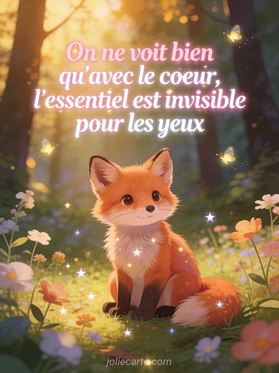 Petit renard roux adorable dans une clairière enchantée avec fleurs sauvages, étoiles scintillantes, lumière dorée et lucioles, texte rose et blanc délicat