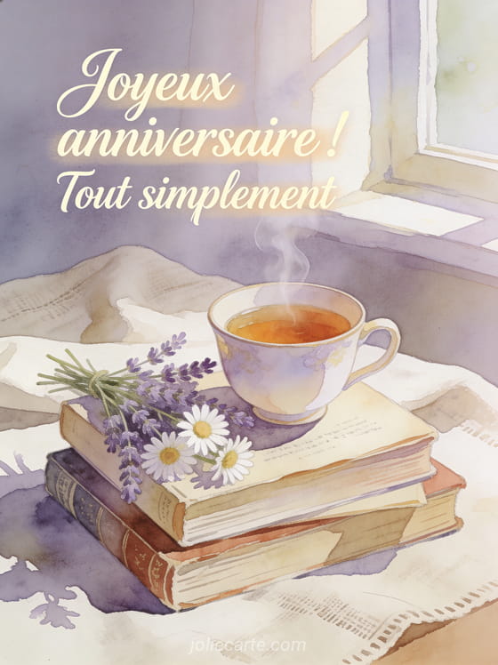 Tasse de thé fumante sur une pile de livres anciens avec bouquet de lavande et marguerites, lumière douce et texte Joyeux anniversaire