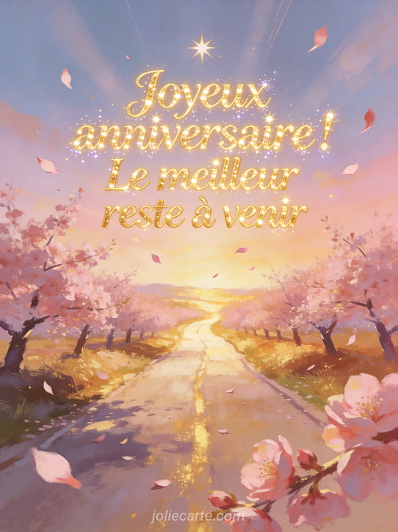 Chemin de campagne bordé de cerisiers en fleurs roses menant vers un horizon doré, pétales dans le vent et texte Joyeux anniversaire