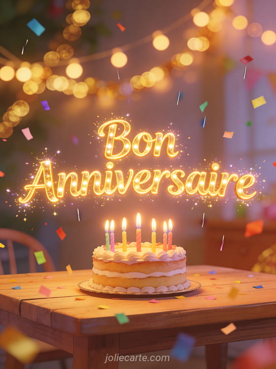 Texte Bon anniversaire en lettres dorées lumineuses scintillantes avec gâteau aux bougies allumées et confettis colorés sur fond festif