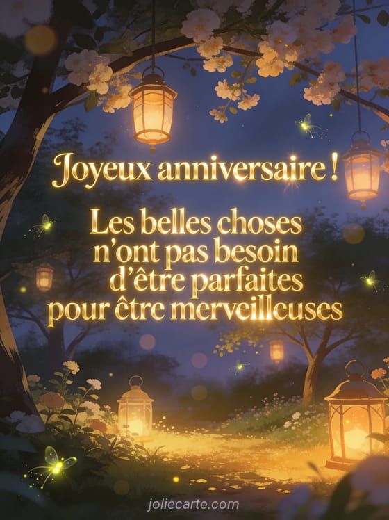 Jardin enchanté au crépuscule avec lanternes suspendues entre arbres en fleurs et lucioles scintillantes avec texte joyeux anniversaire doré