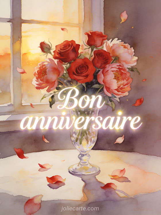 Texte Bon anniversaire en lettres blanches élégantes avec bouquet de roses rouges et pivoines dans un vase en cristal et pétales flottants