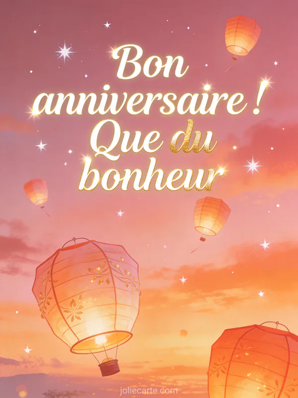 Texte Bon anniversaire Que du bonheur en lettres calligraphiées avec lanternes volantes dans un ciel crépusculaire rose et orangé