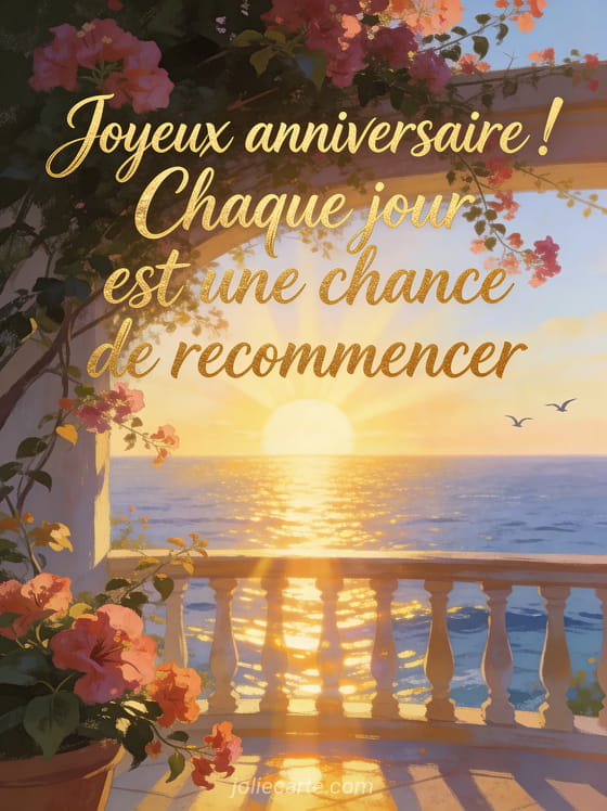 Lever de soleil sur l'océan vu depuis une terrasse avec bougainvilliers en fleurs, rayons dorés sur l'eau et oiseaux au loin