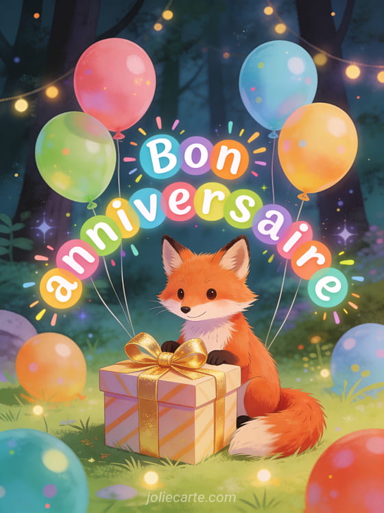 Texte Bon anniversaire en lettres colorées avec un petit renard roux devant un cadeau doré et des ballons multicolores en forêt enchantée