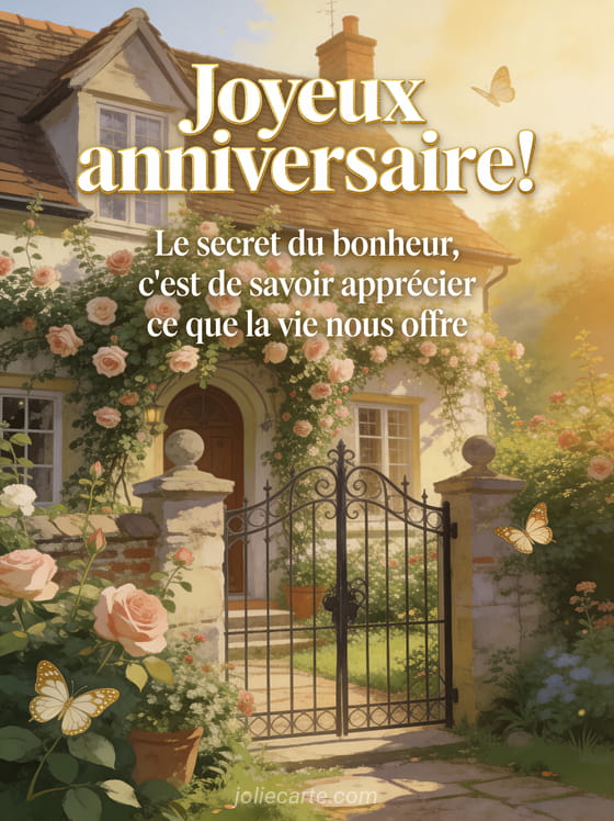 Cottage anglais couvert de roses grimpantes avec portail en fer forgé, jardin luxuriant, papillons et lumière dorée d'après-midi