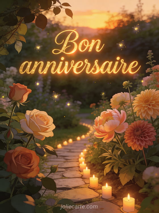 Texte Bon anniversaire en lettres dorées manuscrites dans un jardin fleuri au coucher du soleil avec roses pivoines et lucioles