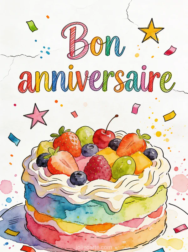 Texte Bon anniversaire en lettres fantaisistes crayonnées avec gâteau multicolore style aquarelle et confettis dessinés à la main