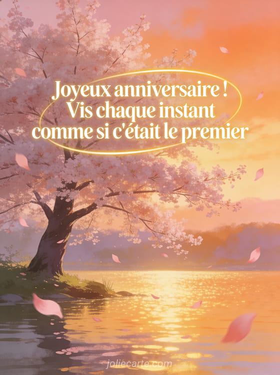 Cerisier en fleurs au bord d'un lac au coucher du soleil avec pétales roses volant dans le vent et reflets dorés sur l'eau