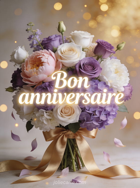 Texte Bon anniversaire en lettres blanches élégantes avec bouquet de pivoines roses et hortensias blanches et ruban doré sur fond lumineux