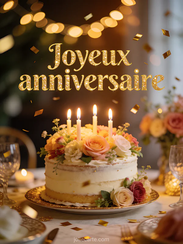 Gâteau d'anniversaire décoré de fleurs fraîches et bougies allumées sur table élégante avec guirlandes lumineuses et confettis dorés