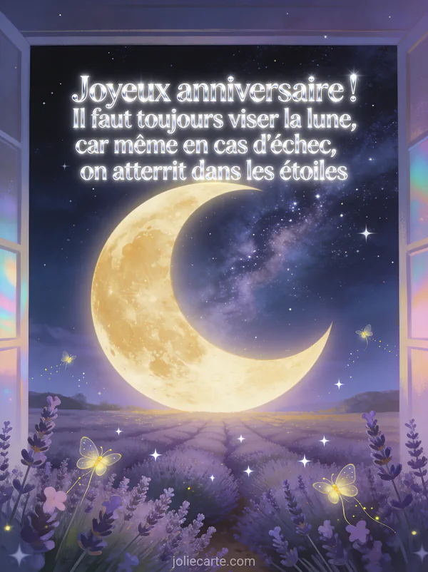 Paysage nocturne avec immense lune dorée au-dessus d'un champ de lavande, voie lactée, lucioles dansantes et étoiles filantes