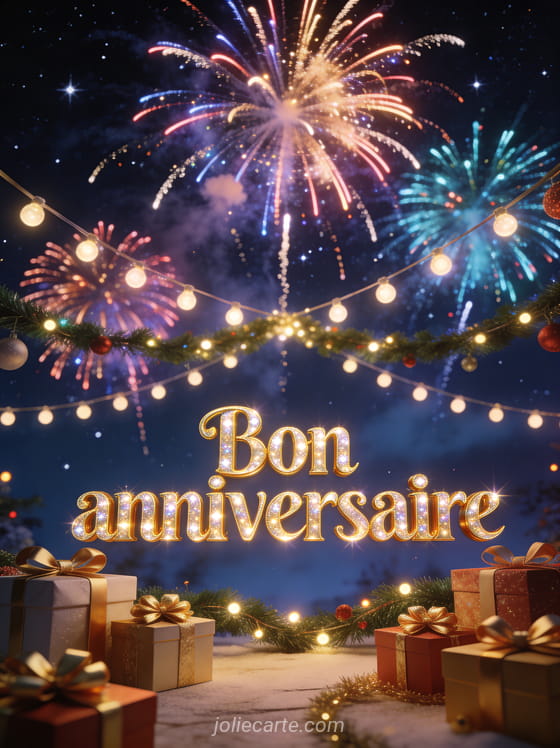 Texte Bon anniversaire en lettres dorées brillantes avec feux d'artifice multicolores dans un ciel étoilé et cadeaux dorés au premier plan