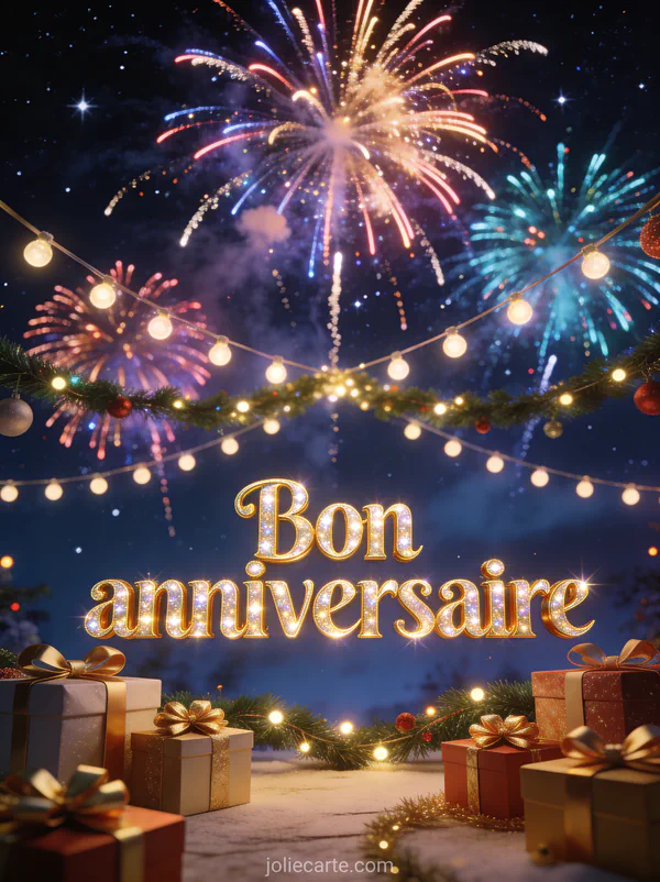 Texte Bon anniversaire en lettres dorées brillantes avec feux d'artifice multicolores dans un ciel étoilé et cadeaux dorés au premier plan