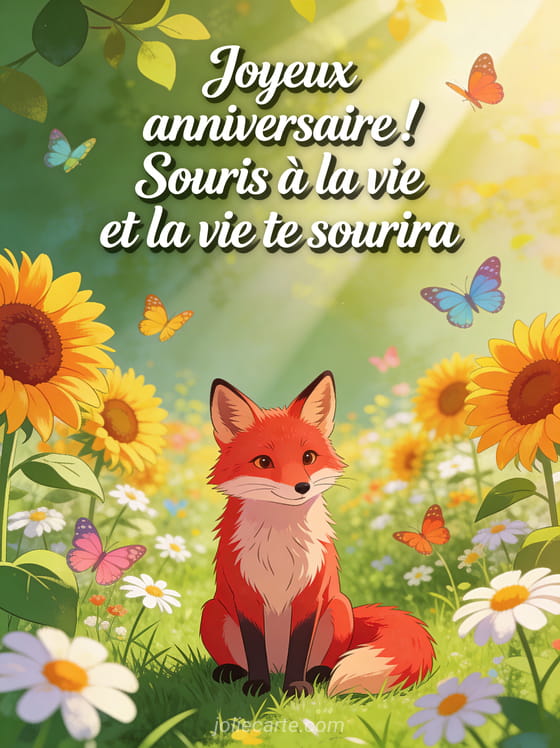 Renard roux assis dans une clairière fleurie de tournesols et marguerites avec papillons colorés et rayons de soleil filtrant