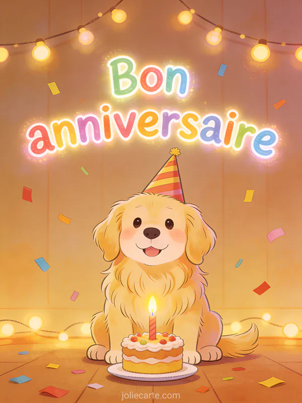 Texte Bon anniversaire en lettres colorées avec un chien golden retriever portant un chapeau de fête devant un gâteau à bougie et confettis