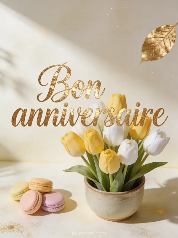 Texte Bon anniversaire en lettres calligraphiées dorées avec tulipes jaunes et blanches et macarons pastel sur fond crème