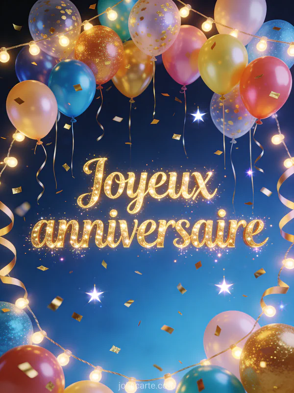 Cascade de ballons multicolores et confettis dorés dans un décor festif avec guirlandes lumineuses et étoiles sur fond bleu nuit