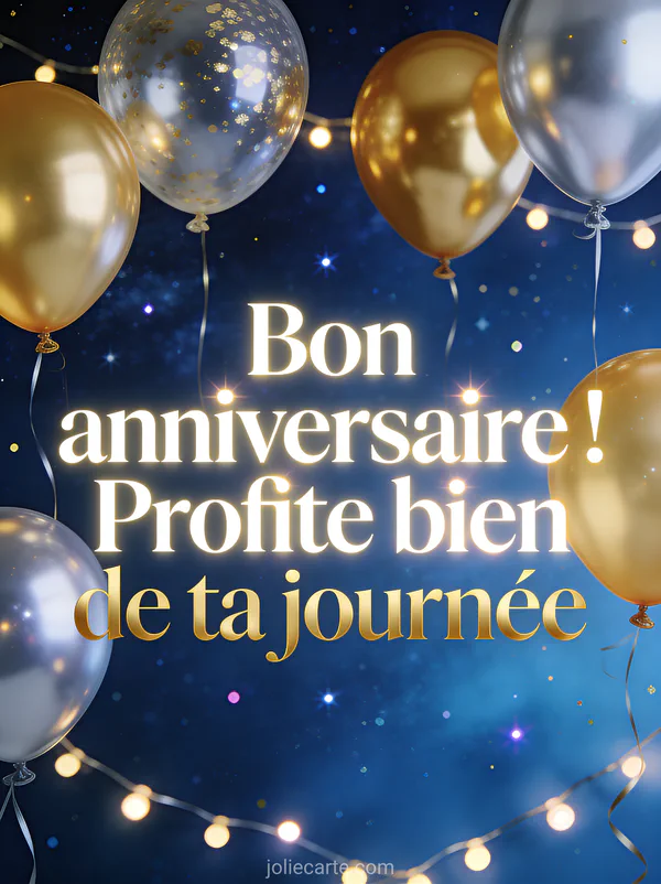 Texte Bon anniversaire Profite bien de ta journée en lettres blanches et dorées avec ballons dorés et argentés sur fond bleu nuit étoilé