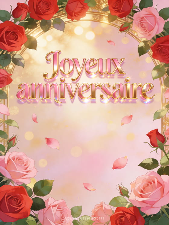 Arche de roses rouges et roses avec feuilles vertes, pétales flottants et lumière dorée traversant l'arche sur fond pastel avec bokeh