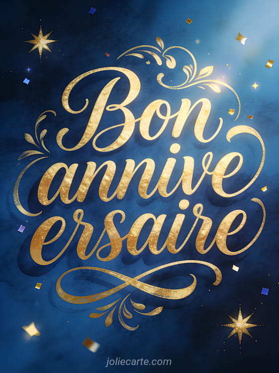 Texte Bon anniversaire en calligraphie cursive dorée avec fioritures et volutes sur fond bleu nuit étoilé avec confettis scintillants