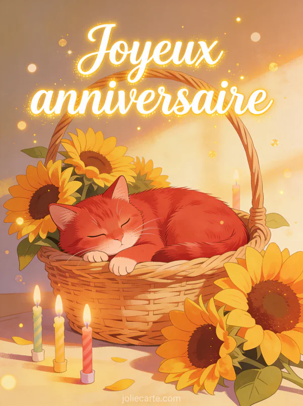 Chat roux endormi dans un panier entouré de tournesols et bougies d'anniversaire avec lumière chaude et paillettes dorées