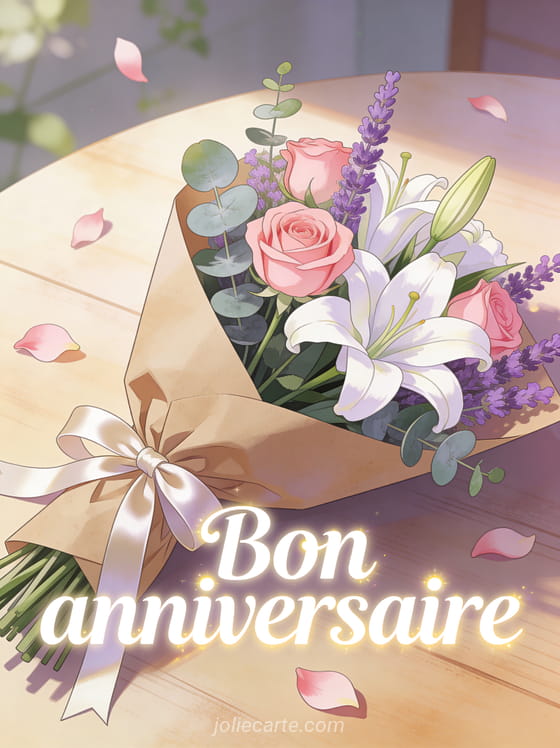 Texte Bon anniversaire en lettres blanches avec bouquet de roses roses lys blancs et lavande enveloppé dans du papier kraft sur table en bois