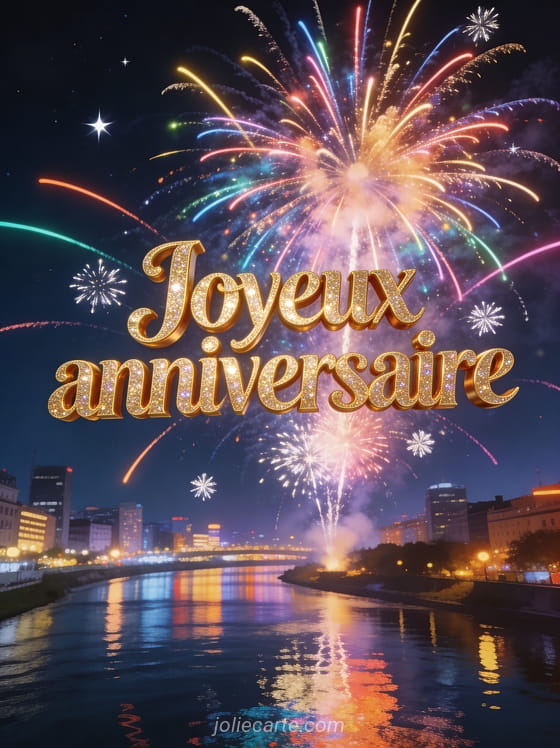 Feu d'artifice multicolore au-dessus d'une ville illuminée la nuit avec reflets dans l'eau d'un fleuve et étoiles dans le ciel