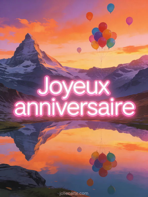 Paysage de montagne au coucher du soleil avec lac miroir reflétant des ballons colorés, ciel orange et violet, lettres néon rose