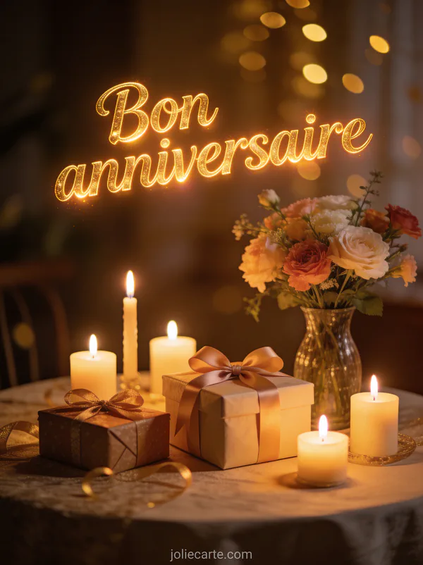 Texte Bon anniversaire en lettres dorées avec table de fête décorée de bougies allumées fleurs fraîches et cadeaux emballés en lumière tamisée
